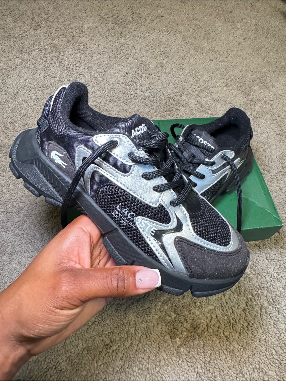 Lacoste Kids Black & Silver Mesh Trail Sneakers